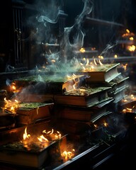 Books on the windowsill in a dark room. Fire and smoke