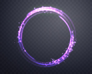 Glowing purple magic ring. Neon realistic energy flare halo ring. Abstract light effect on a dark transparent background. Vector illustration. - obrazy, fototapety, plakaty