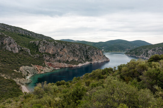 Stunning view to the sea from the hills around Toroni village, Chalkidiki, Greece, under a cloudy sky in autumn