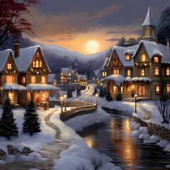 Winter night in a small village with a bridge over a river and houses