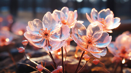 Close-up photo of transparent flowers, light pink, made of crystal.