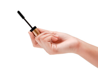 Female Hand Holding Black Mascara Brush For Eyelashes Closeup Photo Isolated On White Background