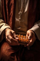 Muslim man holding prayer beads and Quran with care