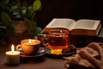 Ramadan still life with tea candle and Quran on table