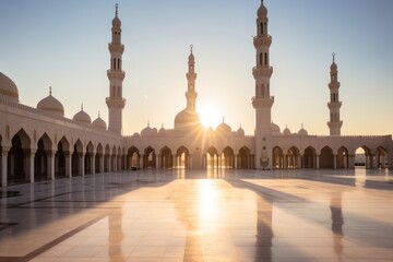 Morning light casting shadows at peaceful mosque courtyard - obrazy, fototapety, plakaty