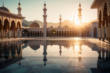 Golden hour light on mosque with minarets and dome