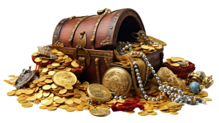 Pile of treasure and treasure chest on a white background