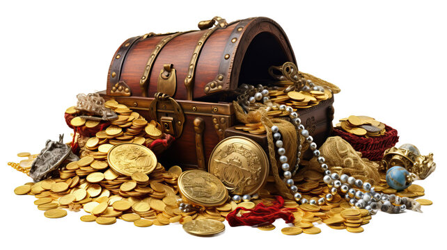 Pile of treasure and treasure chest on a white background