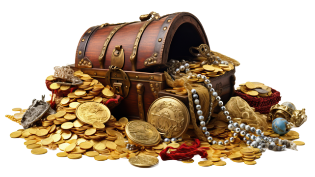 Pile of treasure and treasure chest on a white background