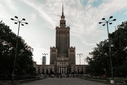 Palace of Culture and Science Pałac Kultury i Nauki Warsaw Poland cloudy day light poles