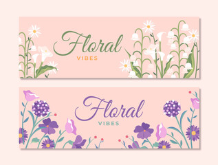 Hand drawn floral horizontal banner template collection with flowers and plants on pink