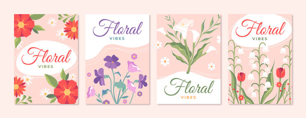 Hand drawn floral cards collection with beautiful flowers on pink background