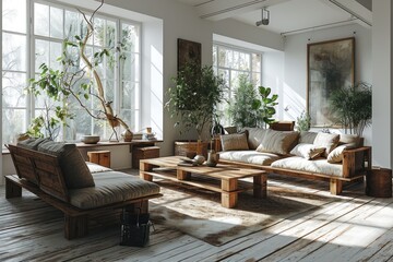 Fototapeta premium living room with neutral wood and white furniture inspiration ideas