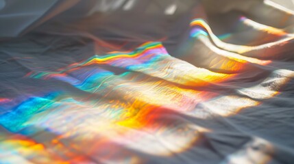 Real photo close up of prism rainbow reflection filter effect, sunny, on a white backdrop, shadow and light