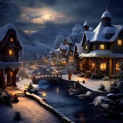 Foto op Canvas Winter village with a river and houses. Digital painting. Illustration. © Iman
