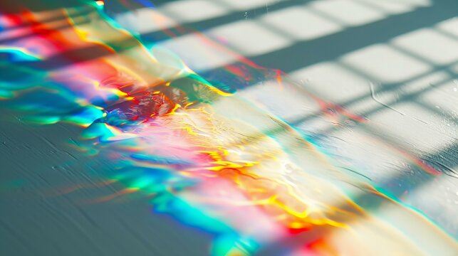 Real photo close up of prism rainbow reflection filter effect, sunny, on a white backdrop, shadow and light