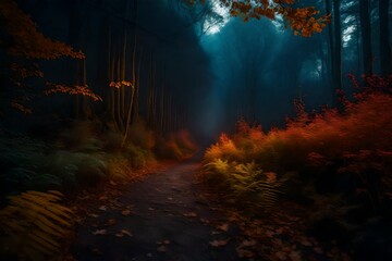 A mysterious pathway through an alien forest, adorned with lushill-style flora in autumn hues, leading towards the strange, glowing ruins in the distance.