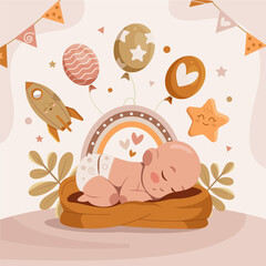 Hand drawn flat baby shower composition with a slept newborn with balloons