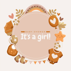 Hand drawn flat baby shower round frame background for a girl with baby elements