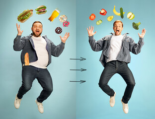 Influence of healthy lifestyle and nutrition on human body and well-being. Two young men with...