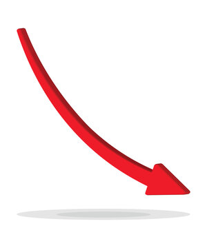 Red 3d arrow going down stock icon on white background. Bankruptcy, financial market crash icon for your web site design, logo, app, UI. graph chart downtrend symbol.chart going down sign.