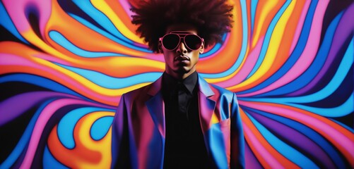 Eccentric black man with an abstract vibrant background of swirling neon colors. Eighties, seventies party disco style. - obrazy, fototapety, plakaty