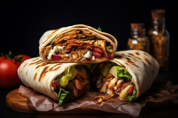 Delicious shawarma made with grilled chicken, tomatoes, pickled cucumber, fried onion, lettuce, and pita bread. Generative AI - obrazy, fototapety, plakaty
