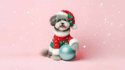 Abstract winter Christmas concept background with cute puppy dog with Christmas ball and falling snow.