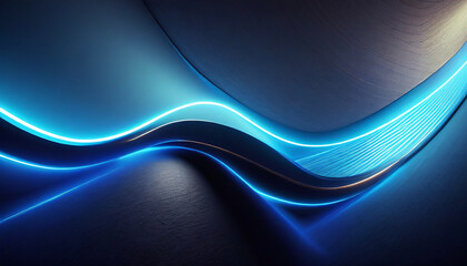 3d render, abstract minimal neon background with glowing wavy line. Dark wall illuminated with led lamps. Blue futuristic wallpaper. copy space fot text