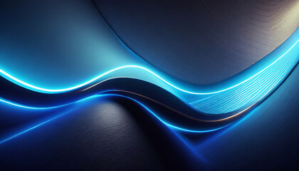 Obraz premium 3d render, abstract minimal neon background with glowing wavy line. Dark wall illuminated with led lamps. Blue futuristic wallpaper. copy space fot text