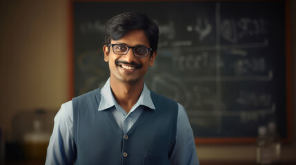 young indian male scientist standing front of blackboard