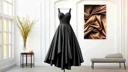 Little black dress hanging on a clothing rack. Boho chic style. classic little black dress on hanger.