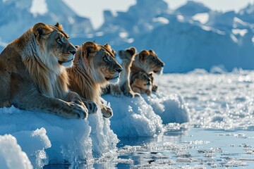 A herd of african lions and lioness and cubs on a floating iceberg in the middle of the ocean - obrazy, fototapety, plakaty