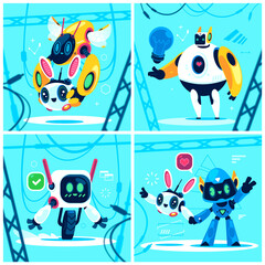 Robots illustrations in flat cartoon style