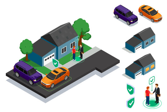 Isometric insurance icon illustrations set with home and transport elements