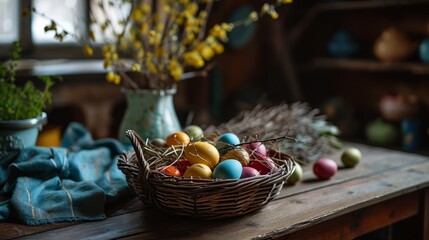 Beautiful happy rustic Easter concept with painted eggs. Easter eggs in a basket and flowers on  the table.