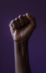 Hand isolated. Photo fist up victory symbol female hand. International woman day concept. Violet background
