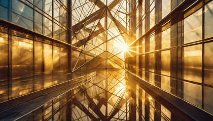 Golden light rays effect with geometric shapes of a glass building detail that is covered by reflection on the surface and windows