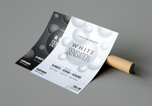 Black and White Sensation Party Flyer Layout with Venue Details.