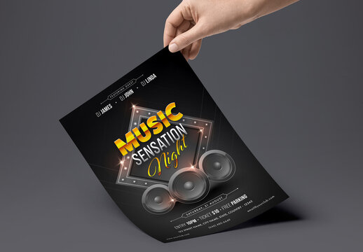 Music Sensation Night Party Flyer Presenting with Woofers in Black Color.