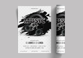 Music Night Party Flyer, Invitation Card Design in Black Brush Stroke Effect.