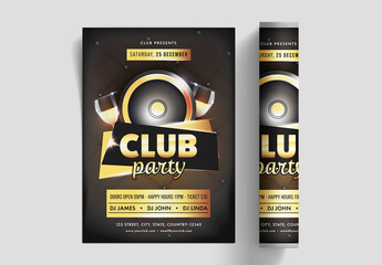 Club Party Flyer Layout With Realistic Wine Glasses And Woofer