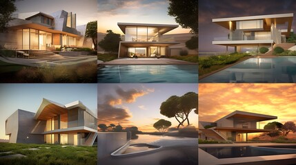 Collage of a modern villa in the evening, sunset.