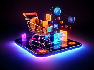 3d illustration of mobile phone with shopping cart and e-commerce icons over dark background