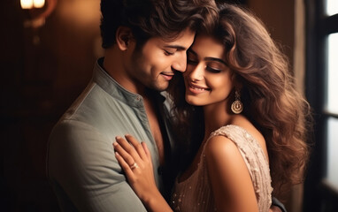 young beautiful indian smiling couple embracing in love