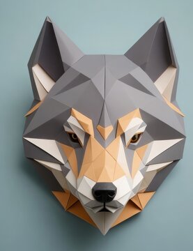 A depiction of a wolf's head, stylized as the art of origami. the wolf's head