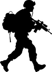 illustration of a running soldier, black and white drawing, white background. AI generated illustration.