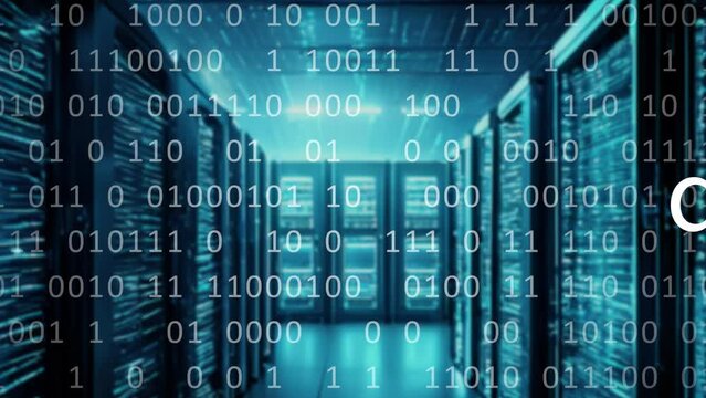 Digitalization and the power of digital. Animated bits and bytes in a modern data center technology environment.