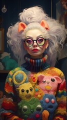 A woman with white hair and glasses holding a stuffed animal