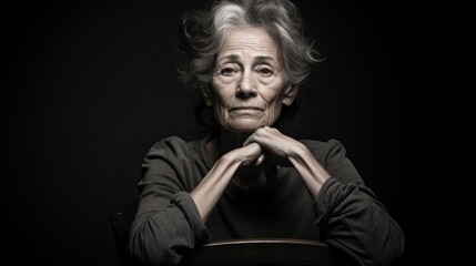 A woman sitting in a chair with her hands on her chin - obrazy, fototapety, plakaty
